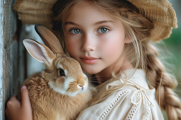 Wall Mural - A little beautiful girl in a straw hat holds a beige fluffy Easter bunny in her arms. The concept of love and care, spring and Easter. Close-up portrait