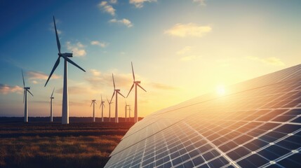 Windmill wind turbine and solar cell panel on blue sky at sunset , renewable electricity energy concept