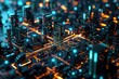 Futuristic city on electronic circuit background, development of modern digital technologies concept