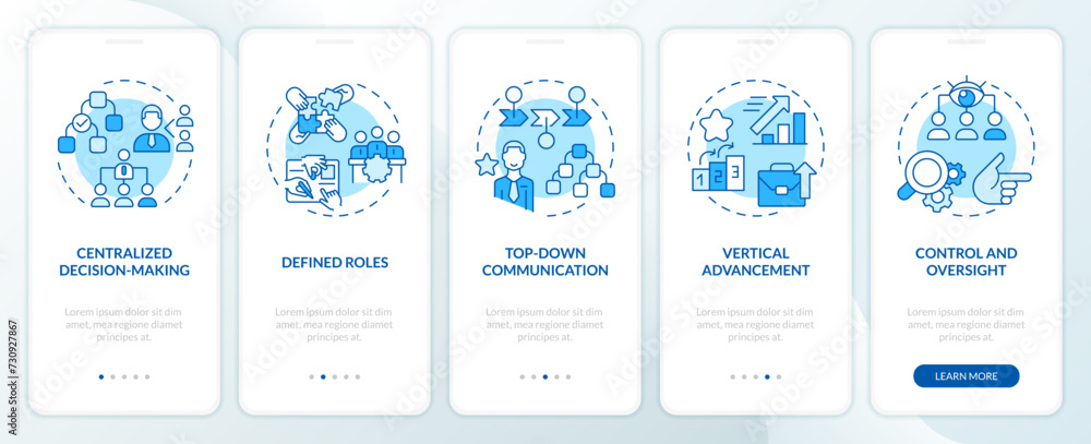 Hierarchical structure blue onboarding mobile app screen. Management ...