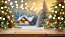 Empty Woooden Table Top With Abstract Warm Living Room Decor With Christmas Tree String Light Blur Background With Snow Holiday Backdrop Mock Up Banner For Display Of Advertise Product