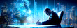 © Jessada - personal computer business with person signing a document, in the style of futuristic digital art,