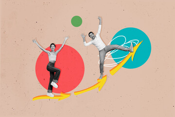 Sticker - Collage image of two overjoyed impressed mini black white effect people stand growing arrow upwards isolated on painted beige background