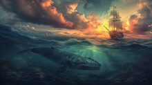 Sunset Over The Sea With Blue Whale And Sailing Ship