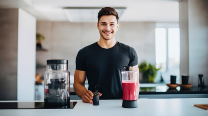 Muscle man chef doing cook fresh vitamin summer juice smoothie cocktail fruit in blender in modern kitchen. Man on kitchen, a healthy food concept