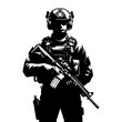 © Formatoriginal - Modern military soldier equipped with combat gear. Monochrome clip art vector illustration