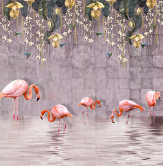 3d wallpaper leaves and flowers on texture background with flamingos in water 