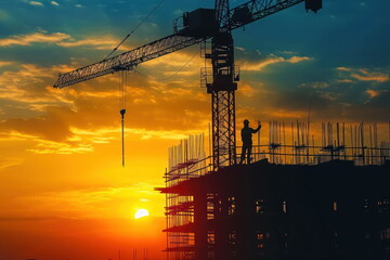 Crane and building with sunset background