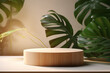 © PD - 3d render background with circular wooden podium and tropical plants, realistic photo