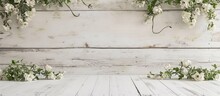 Vintage White Table With Old Wood Texture, Adorned With Flowers.