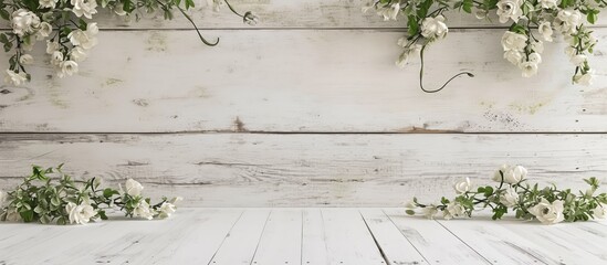 Wall Mural - Vintage white table with old wood texture, adorned with flowers.