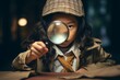 © Surachetsh - A little child detective investigator, donned in a hat and long suit, poses for a portrait and learning the detective way. Generative AI.