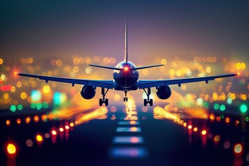 The plane takes off or lands on the runway. From behind.