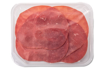 Wall Mural - Slices of oven-smoked beef in vacuum-sealed plastic tray isolated