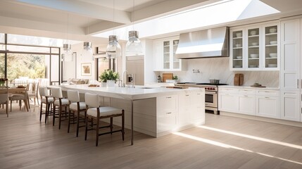 Contemporary spacious high end white kitchen, full frontal perspective