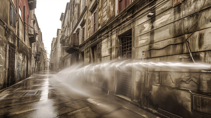 Washing of street in an european city.