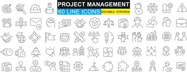 Project Management 60 Outline Icons, vector set. Business, teamwork, strategy visuals for web design, applications. Diverse symbols in modern style