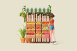 © roman3d - Cute kawaii colorful girl holds basket in hand buys fruits at street market stand, apples, pears, bananas, oranges, tangerines, melons, pomegranates, green plants. Front view. 3d render beige backdrop