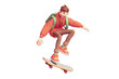 Young cute excited funny smiling сasual asian active guy in fashion clothes red hoodie, brown jeans, green backpack jump up floats in air on skateboard have fun joy. 3d render isolated transparent.
