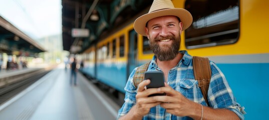 Smiling bearded man using smartphone at train station with space for text and copy placement