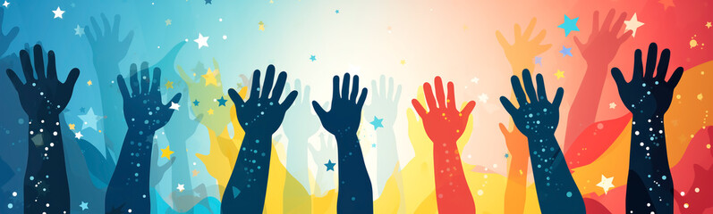 Wall Mural - Abstract illustration of people raising hands up on colorful background with stars. Concept of unity, friendship, peace and happiness.