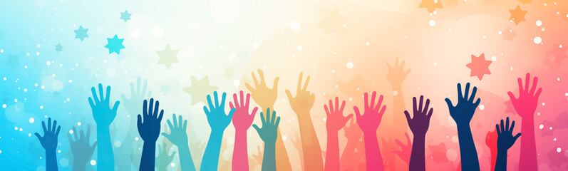 Poster - Abstract illustration of people raising hands up on colorful background with stars. Concept of unity, friendship, peace and happiness.