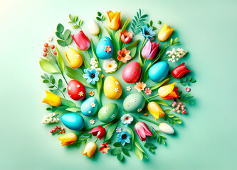 Wall Mural - Colorful Easter eggs and tulips on green background. Top view, minimal Easter decoration concept