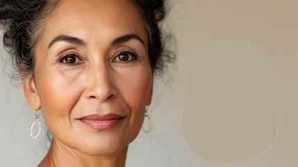 Poster - A close-up of a woman with a gentle smile showcasing her warm skin tone subtle makeup and a hint of gray in her hair wearing delicate hoop earrings.