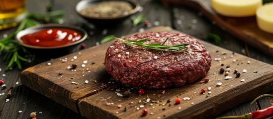 Wall Mural - Prepared seasoned beef patty for grilling on a wooden board, along with spices and condiments for a homemade barbecue burger.