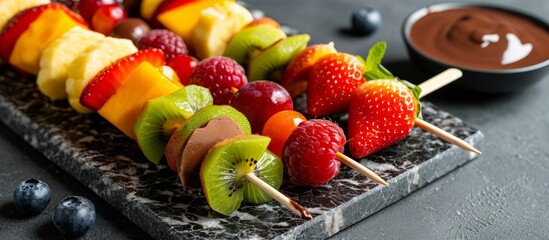 Poster - Exotic fruits on skewers, chocolate dip, served on a marble board as a healthy snack.