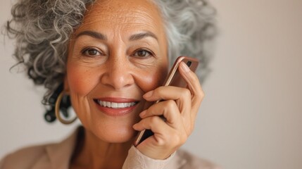 A smiling elderly woman with gray hair wearing a gold hoop earring holding a smartphone to her ear.