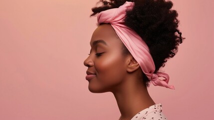 Wall Mural - A young woman with curly hair wearing a pink headband looking down with a gentle smile set against a soft pink background.