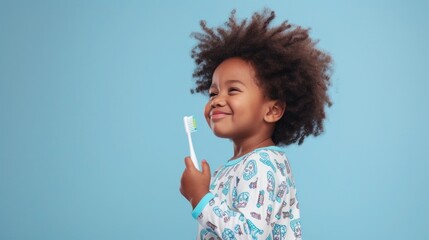 Wall Mural - A young child with curly hair wearing a patterned pajamas holding a toothbrush and smiling against a light blue background.