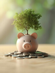 Wall Mural - Tree and coin growing on piggy bank, investment plan for financial freedom and retirement, financial and business growth