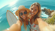 Selfie of two women with surfboard on cliff. 