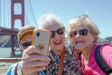 Wall Mural - Group of senior female friends taking selfie in summer vacation.