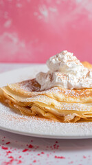 Wall Mural - Cinnamon Crepes filled with Keto Whipped Cream served on a white plate on a white table and a pink wall in the background