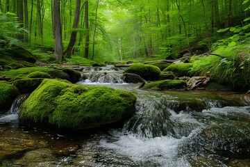 Wall Mural - Lush moss-covered rocks, vibrant green, in a serene forest stream.