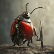 A beetle acting as a little knight, against a knightly silver background, representing bravery in small packages. 