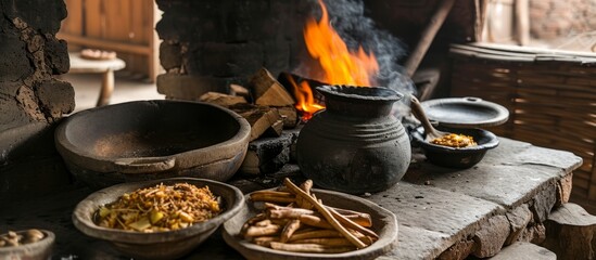 Poster - Cooking food in earthen chulhas using firewood in a rustic kitchen