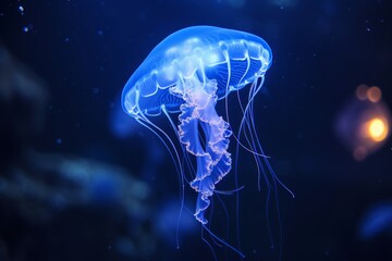 Wall Mural - Luminous jellyfish, drifting underwater, neon glow against dark depths