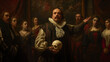Renaissance style image depictnig William Shakespeare with his famous skull and actors at the theater in the background.