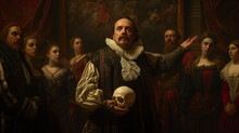 Renaissance Style Image Depictnig William Shakespeare With His Famous Skull And Actors At The Theater In The Background.