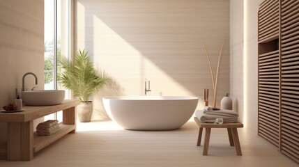 Contemporary light colored interior with a ceramic tub.