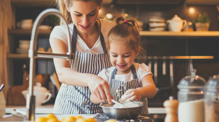 Mother and daughter are preparing food and having fun in the kitchen. Homemade food and a little helper. Happy loving family preparing baking together.