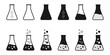 conical flask or erlenmeyer flask vector set. laboratory chemical glassware equipment. flat design illustration isolated on white background.