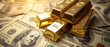 Background image of gold coins placed on banknotes, gold price trading concept.
