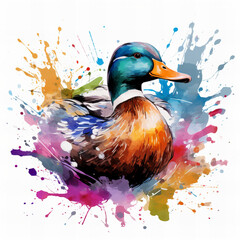 Vibrant Watercolor Splash Mallard Duck Illustration - Artistic Wildlife Concept with Colorful Abstract Background