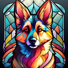 Wall Mural - cute colorful stained glass art design of an alert German shepherd dog puppy