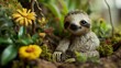 closeup photography Sloth doll, with its cute sleepy eyes and slow-motion pose, arranged in a dollhouse-inspired tropical rainforest setting